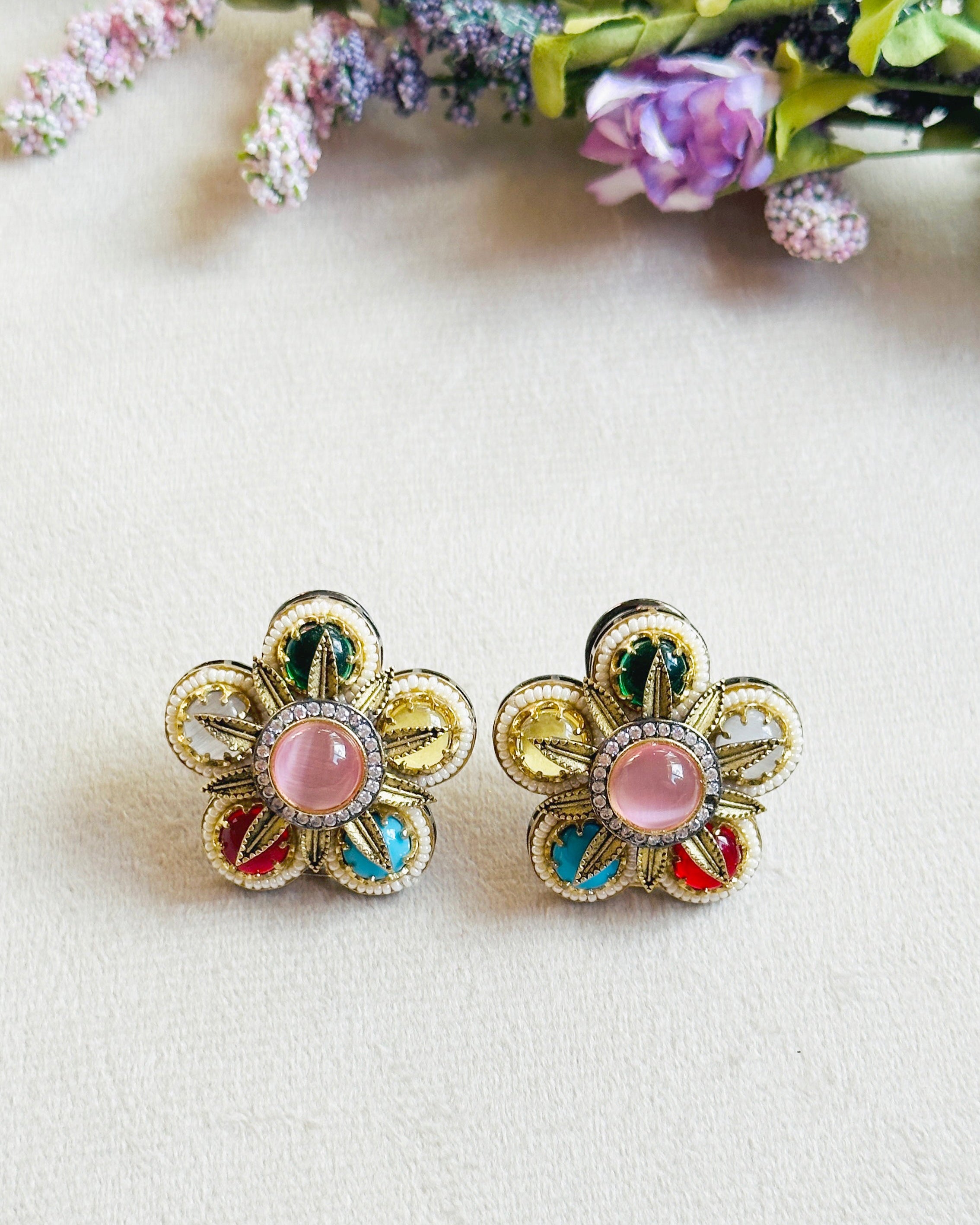 Binita Multicolor Floral Statement Stud Earrings