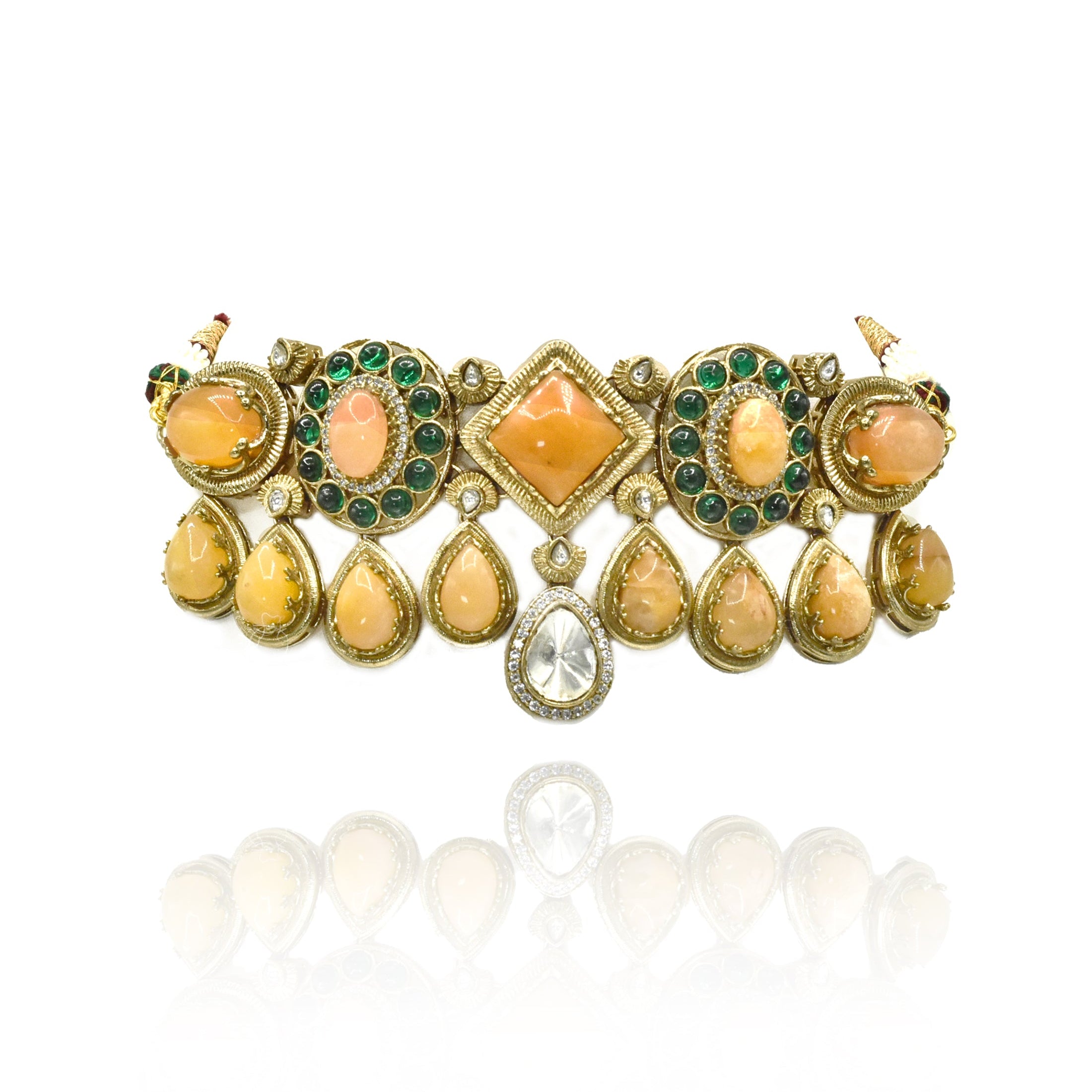 Yasmin Mustard & Green Polki Cabochon Choker - The pashm