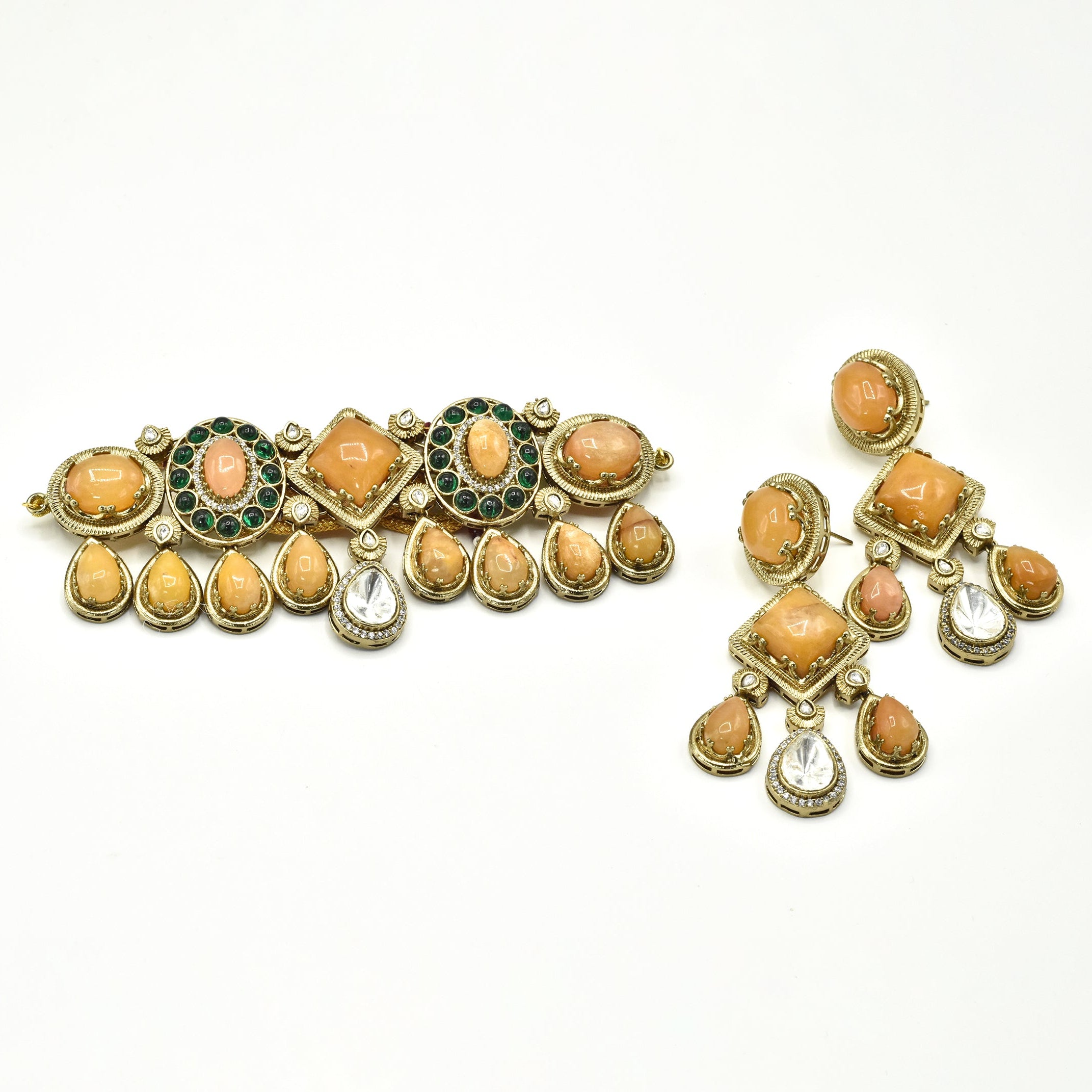 Yasmin Mustard & Green Polki Cabochon Choker with earrings - The pashm