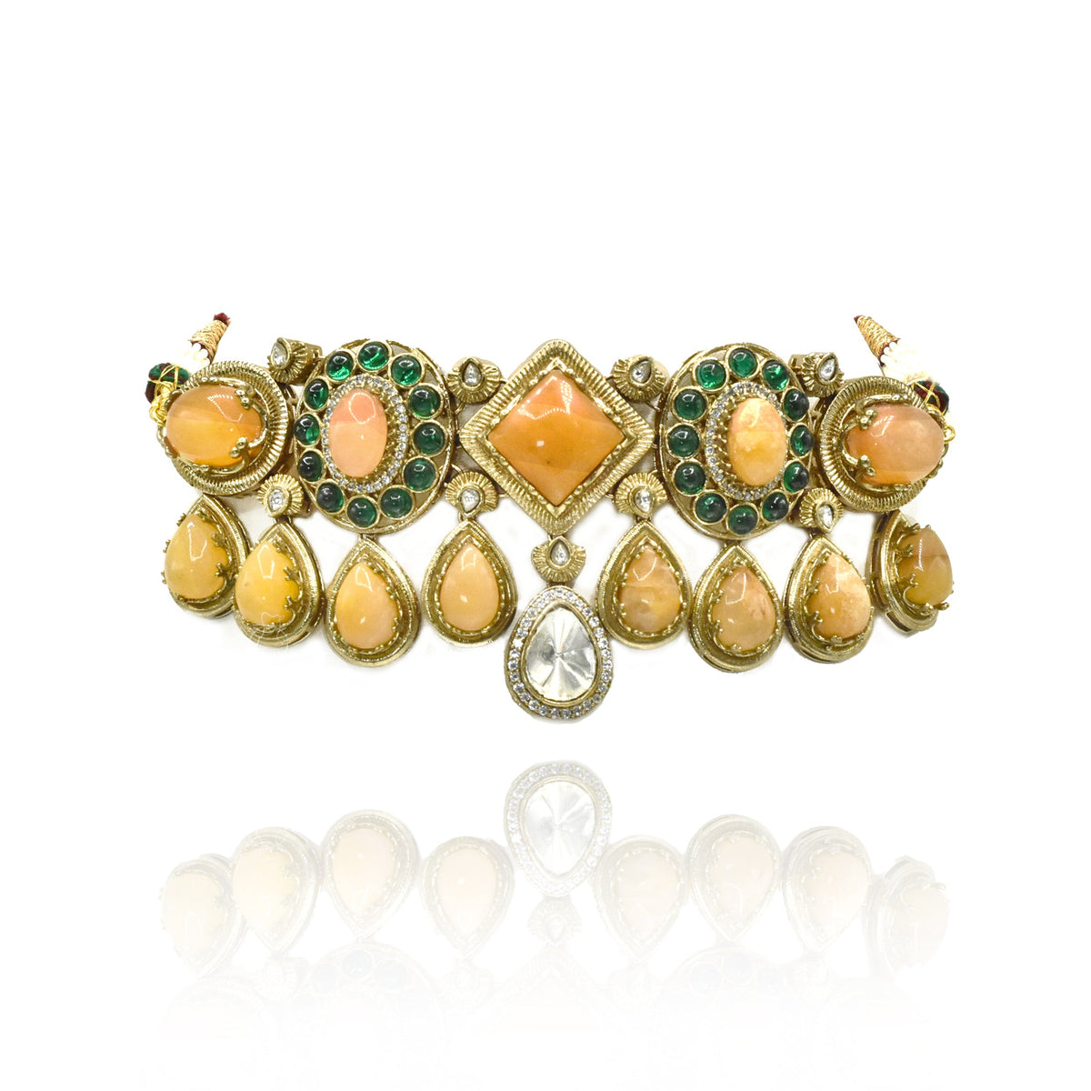 Yasmin Mustard & Green Polki Cabochon Choker - The pashm