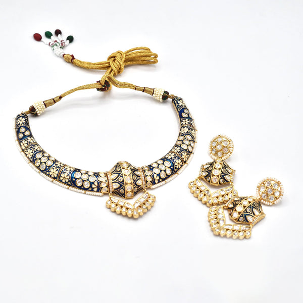 Easha Meenakari Polki Hasli Set Navy Blue - The Pashm