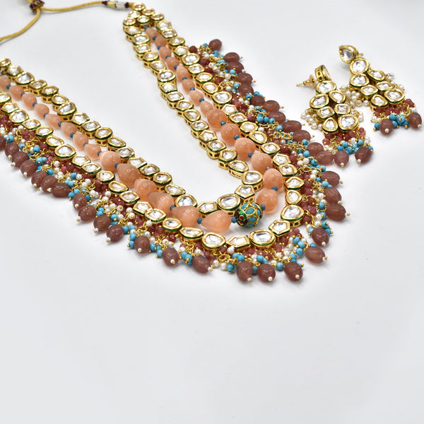 Iszrina Multicolor Kundan Necklace Set Orange Peach- The Pashm