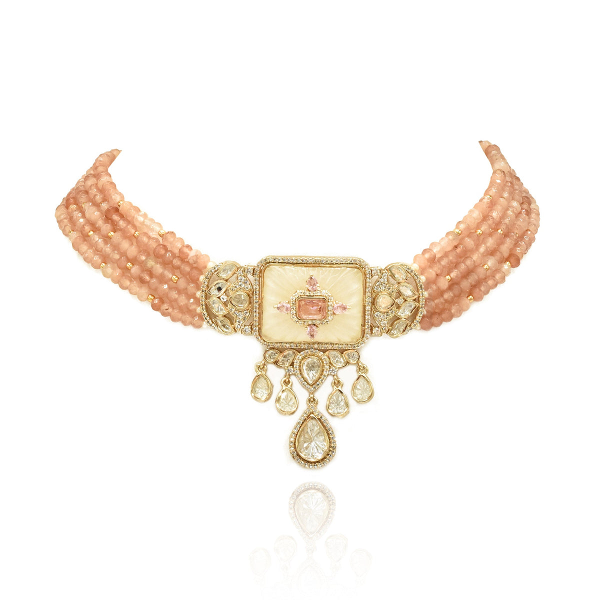 Siya Peach Beaded Carved Cabochon Polki Choker - The pashm