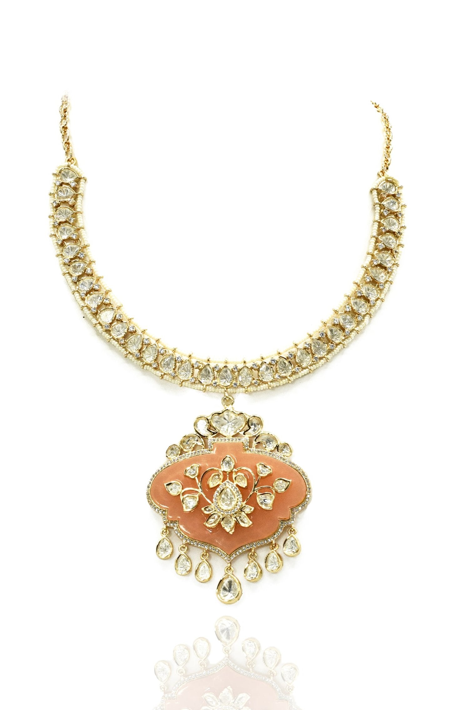 Ruhi Peach Motif Pendant Polki Necklace Set - The Pashm