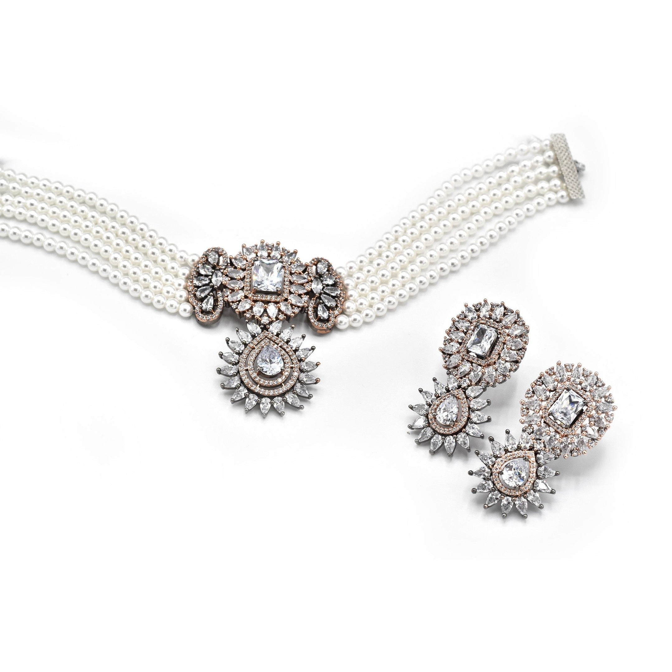 Izza American Diamond Choker Set Pearl - The Pashm