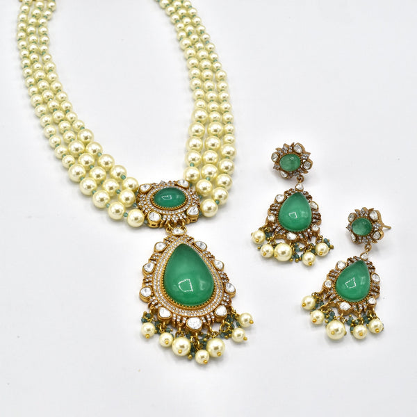 Ridiya Pearl Strings Pendant Set Green - The Pashm