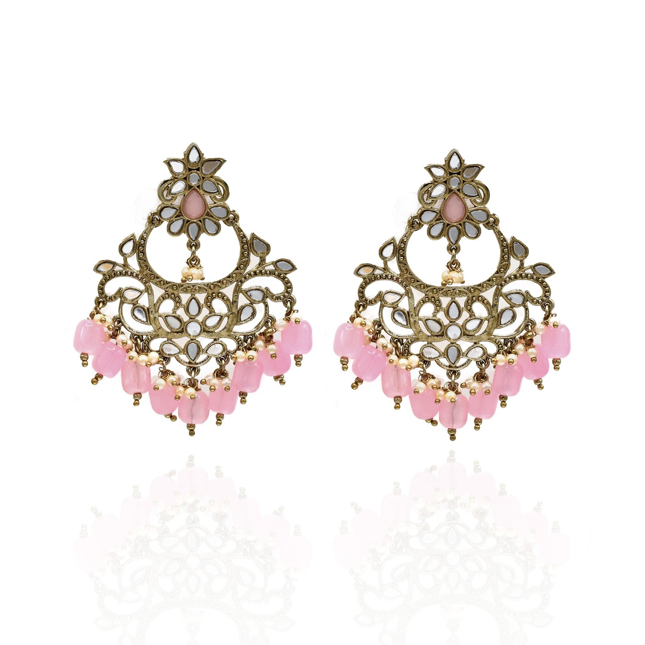 Nooran Mirror Earrings Tikka Set Pink - The Pashm