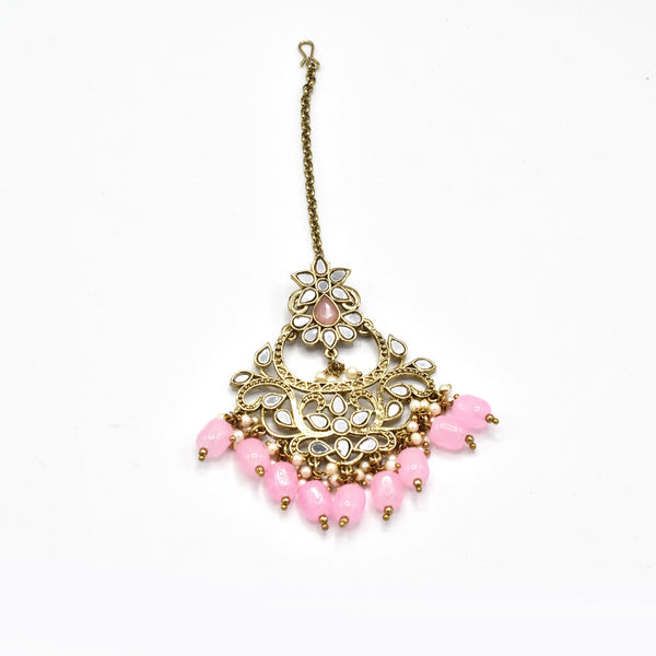 Nooran Mirror Earrings Tikka Set Pink - The Pashm