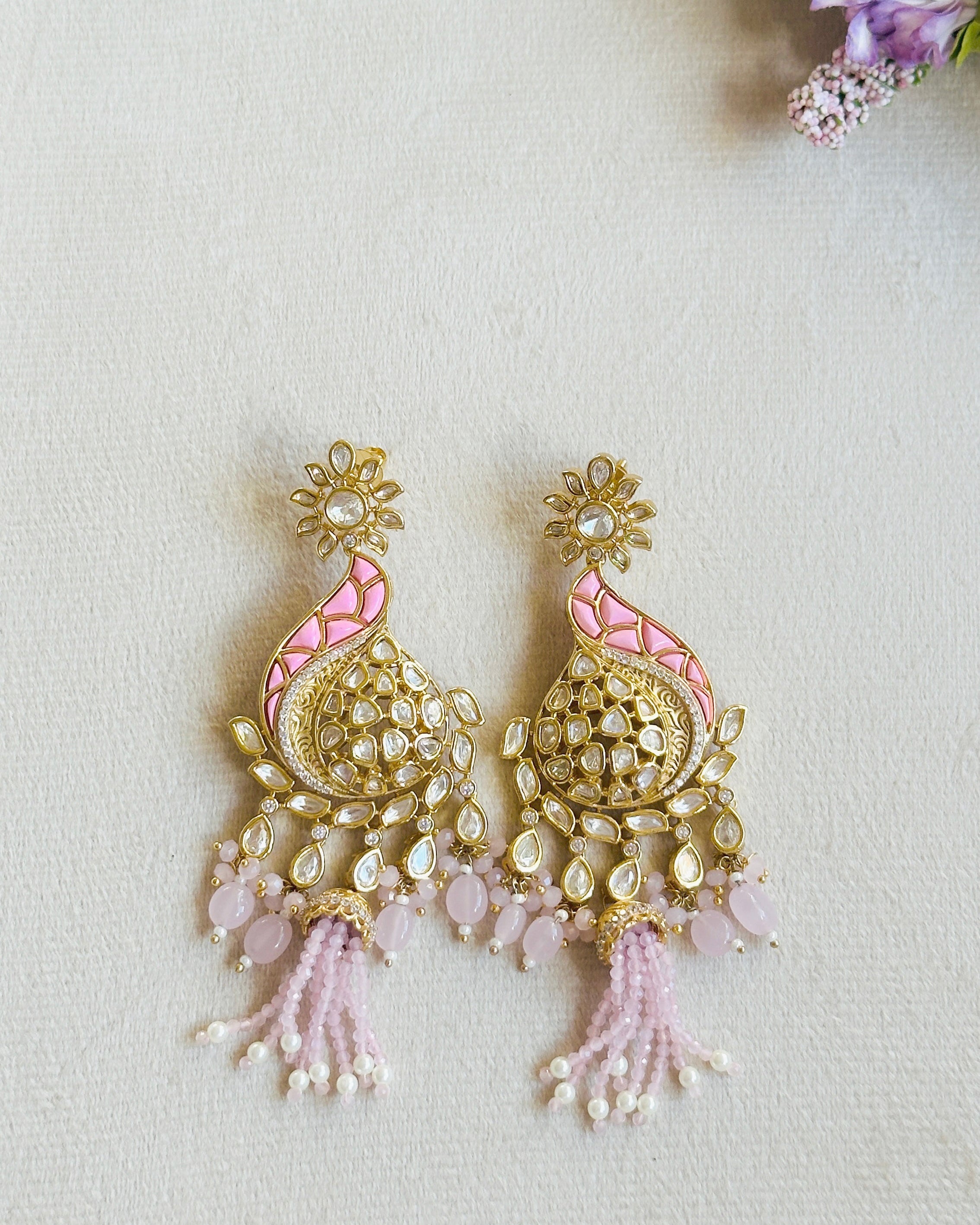 Ishi Polki Paisley Tassel Earrings Pink - The Pashm
