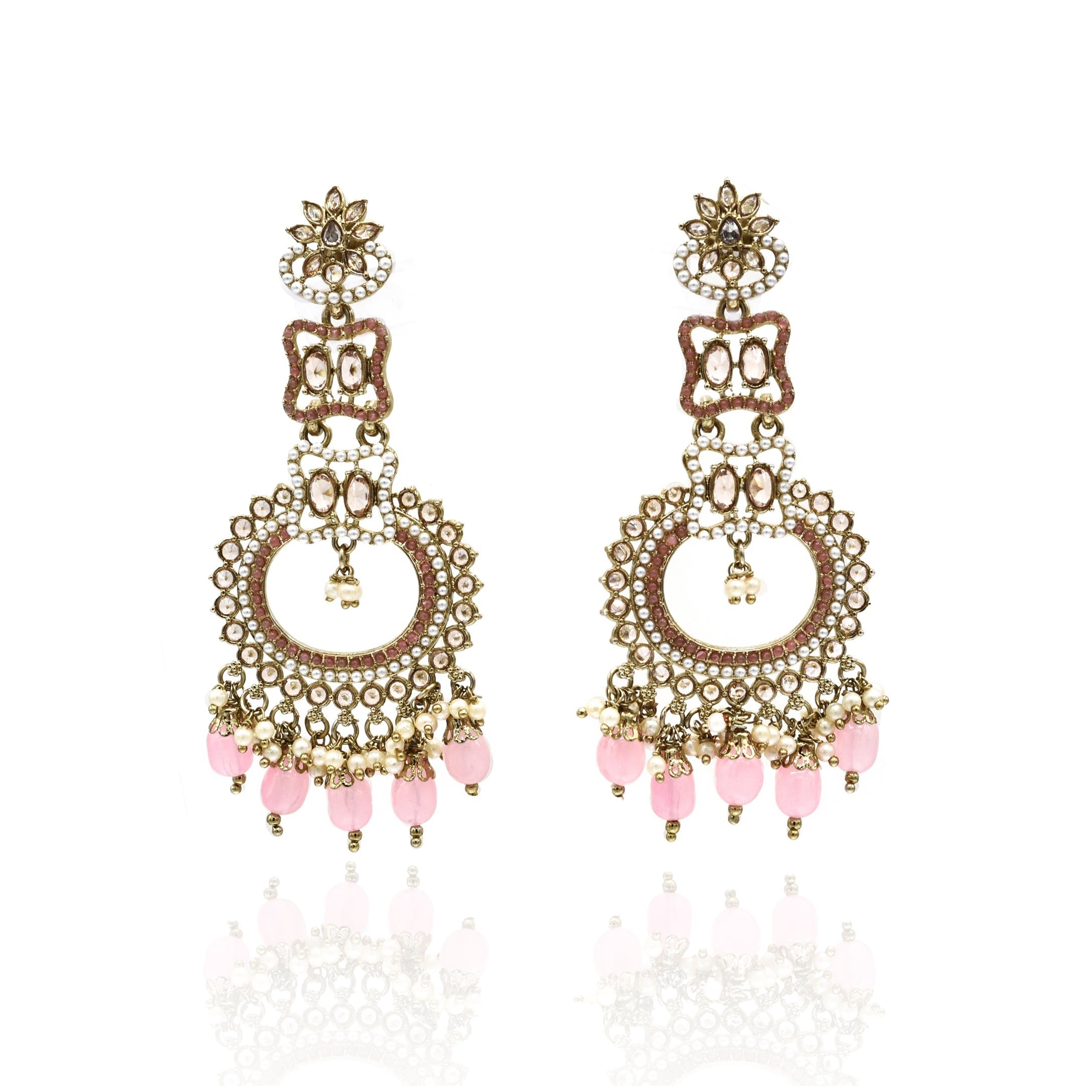 Annvi Pearl Polki Studded Set - Pink - The Pashm