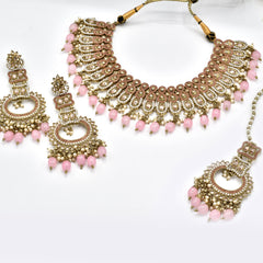 Annvi Pearl Polki Studded Set - Pink - The Pashm