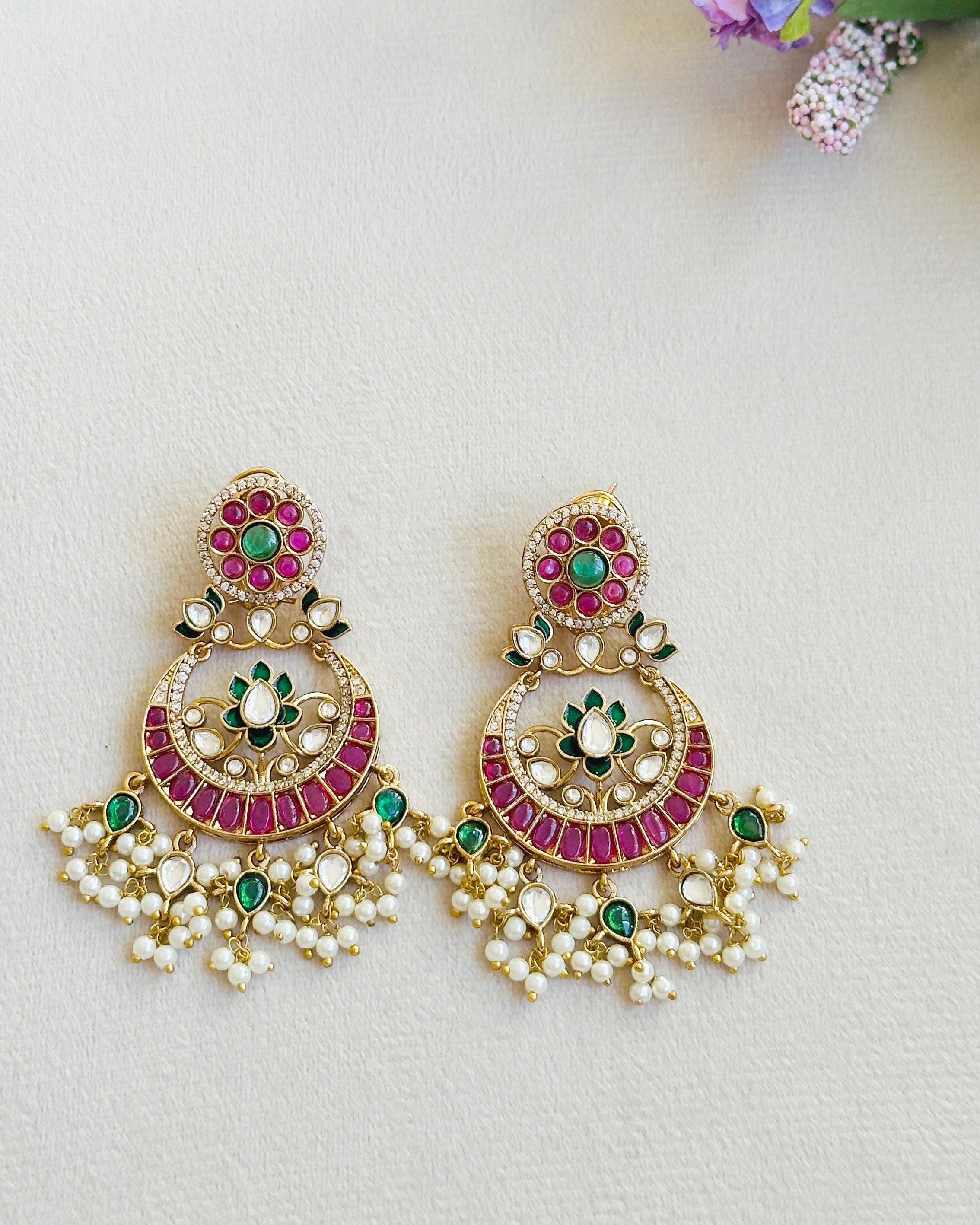 Malini Pachi Kundan Chandbali Earrings with Pearl Drops Pink - The Pashm