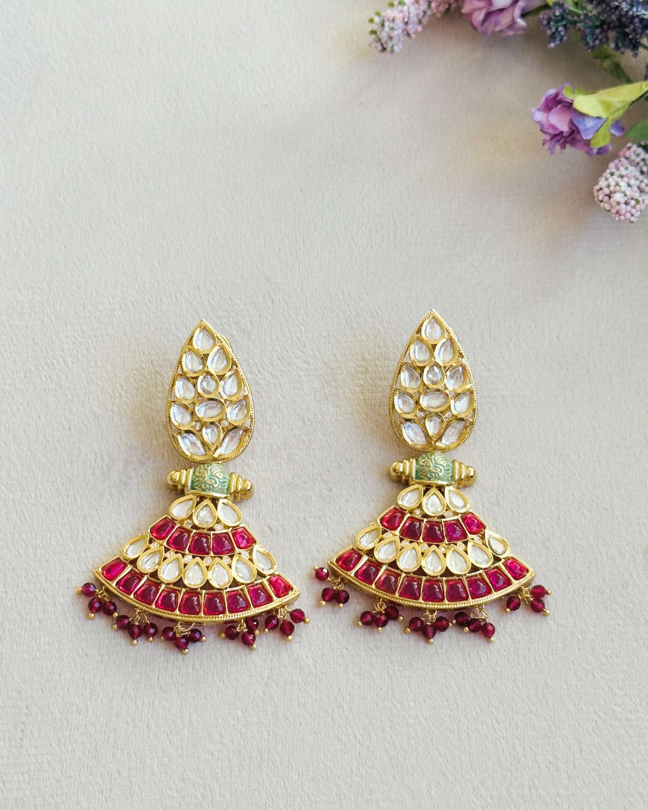 Prini Red Polki Fan Earrings - The Pashm
