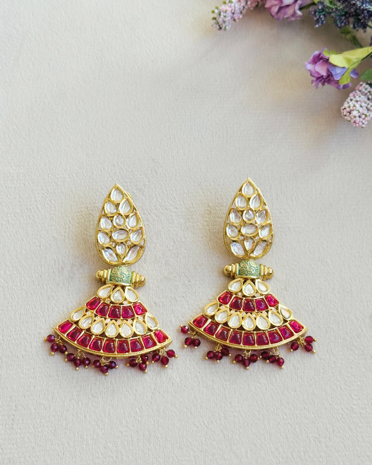 Prini Red Polki Fan Earrings - The Pashm