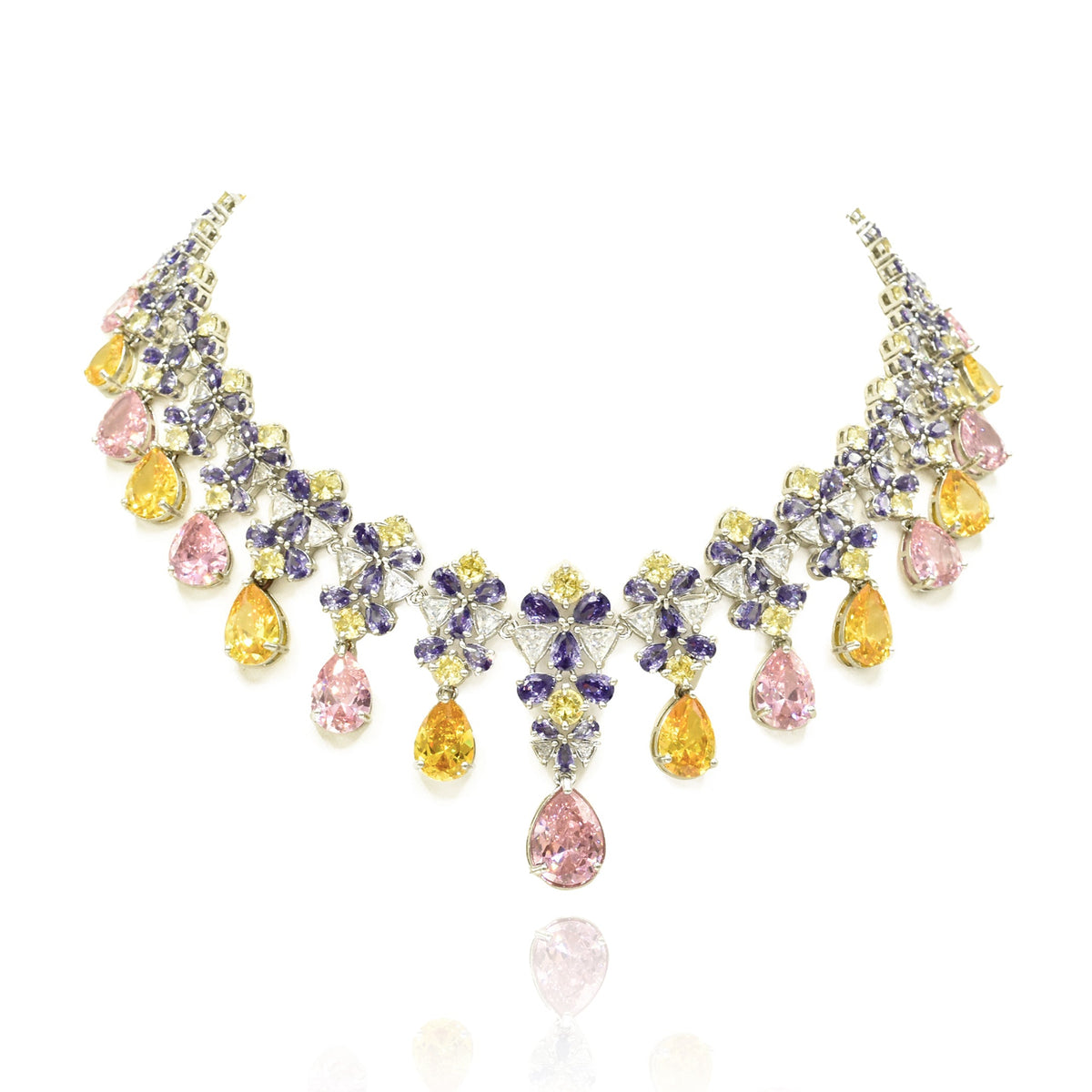 Multicolor American Diamond necklace set with lavender purple, blush pink, yellow and clear stones, teardrop accents and matching earrings.