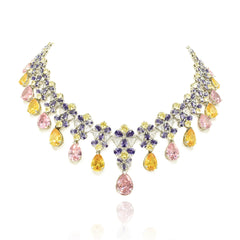 Multicolor American Diamond necklace set with lavender purple, blush pink, yellow and clear stones, teardrop accents and matching earrings.