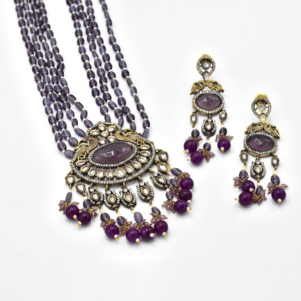 Aadhya Pearl Long Antique Necklace Set - Purple - The Pashm