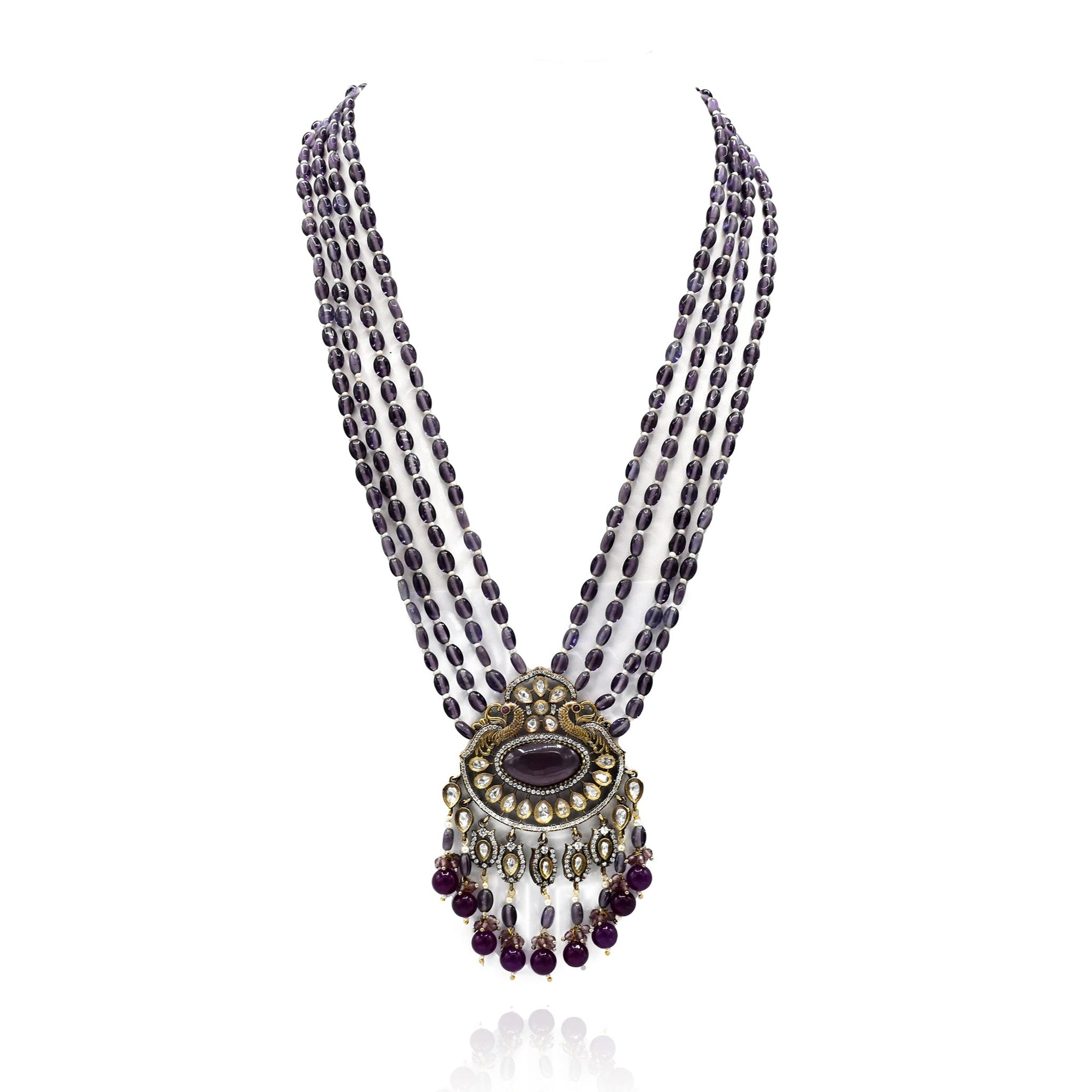 Aadhya Pearl Long Antique Necklace Set - Purple - The Pashm
