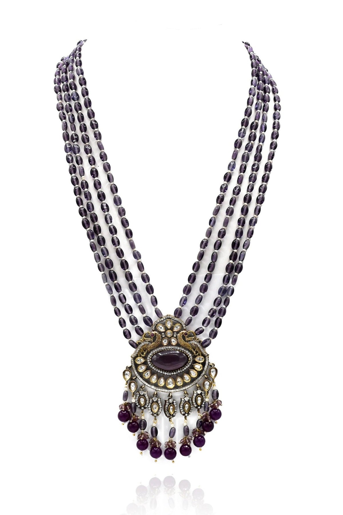 Aadhya Pearl Long Antique Necklace Set - Purple - The Pashm