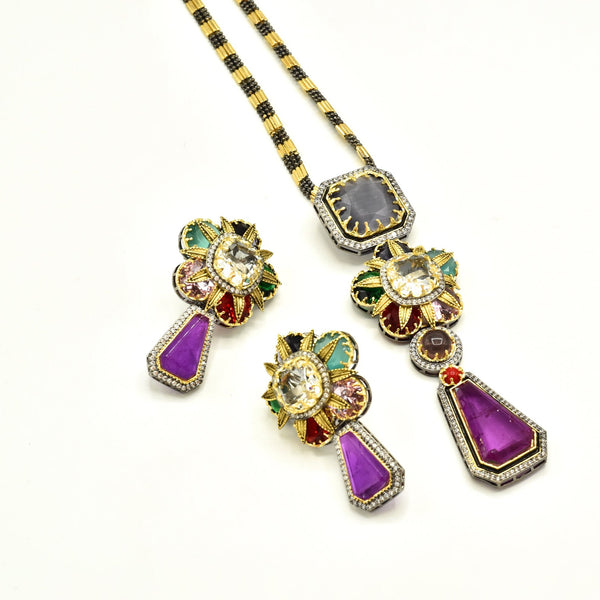 Ridda Multicolor Crystal Flower Pendant Set Purple - The Pashm