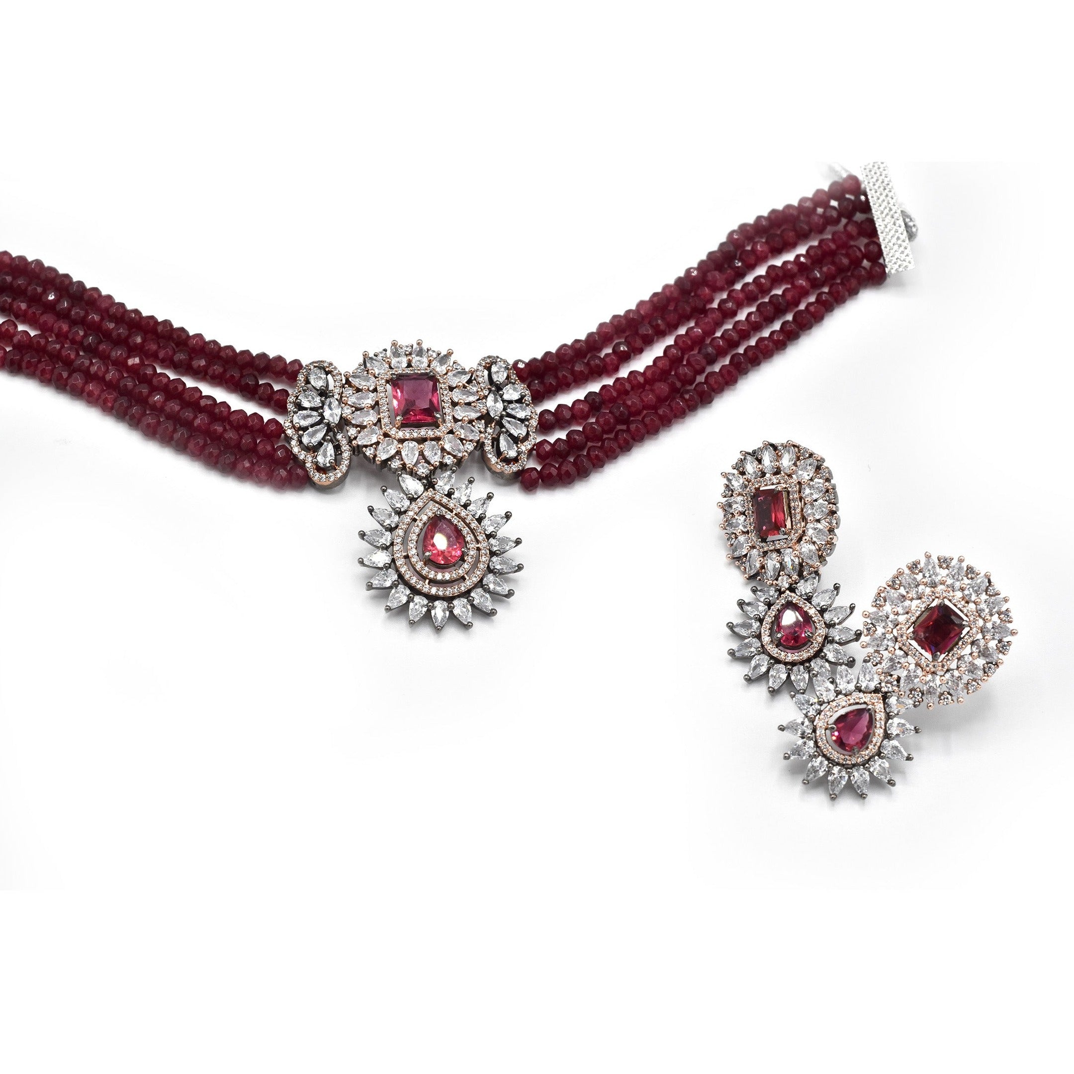 Izza American Diamond Choker Set Red - The Pashm