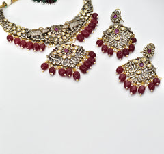 Mannar Victorian Polki Necklace Set - Red