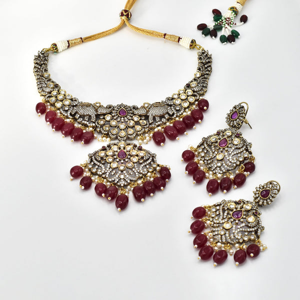 Mannar Victorian Polki Necklace Set - Red - The pashm