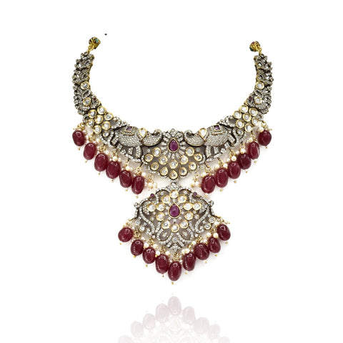 Mannar Victorian Polki Necklace Set - Red - The Pashm