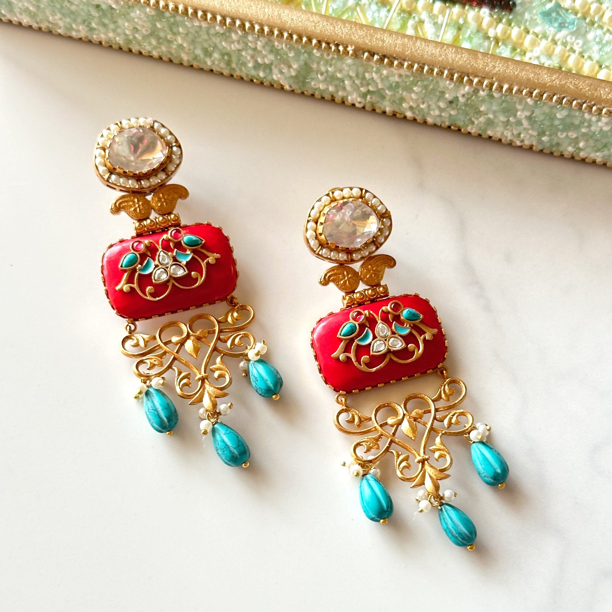 Simmi Motif Filigree Earrings Red - The Pashm