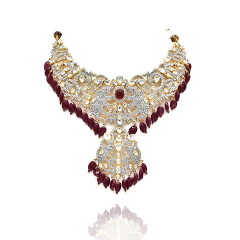 Chitra Victorian Polki Necklace Set - Red - The Pashm