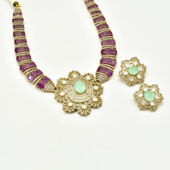 Miral Flower Pendant Studded Collar Set - The pashm