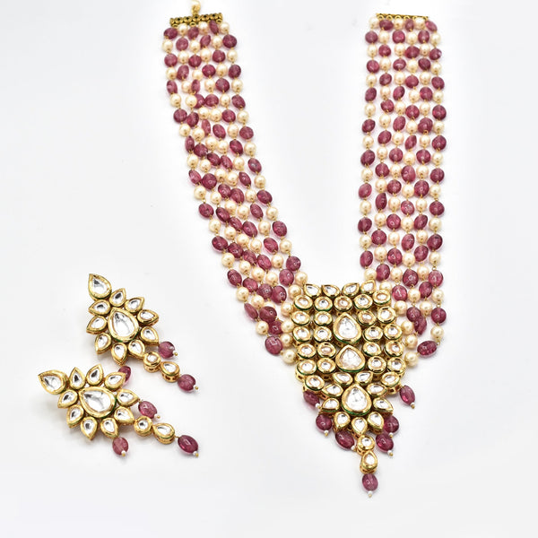 Rafia Kundan Tourmaline Necklace Set Red Pearl - The Pashm