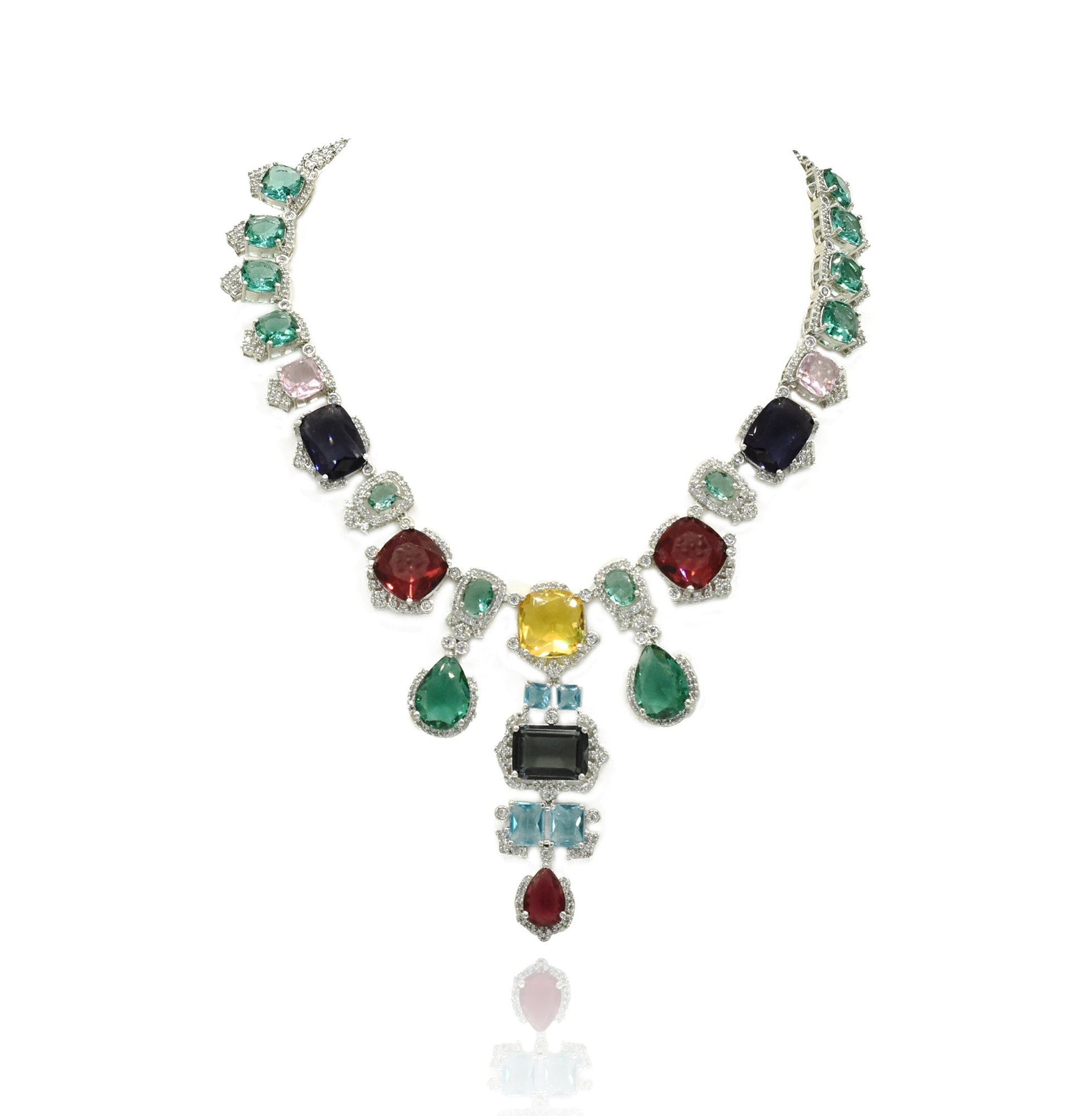 Multicolor statement necklace set with green, blue, pink, yellow, aqua, and wine stones in a silver-tone setting with matching drop earrings.