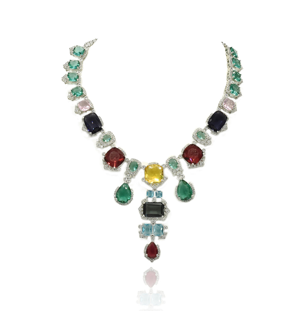 Multicolor statement necklace set with green, blue, pink, yellow, aqua, and wine stones in a silver-tone setting with matching drop earrings.