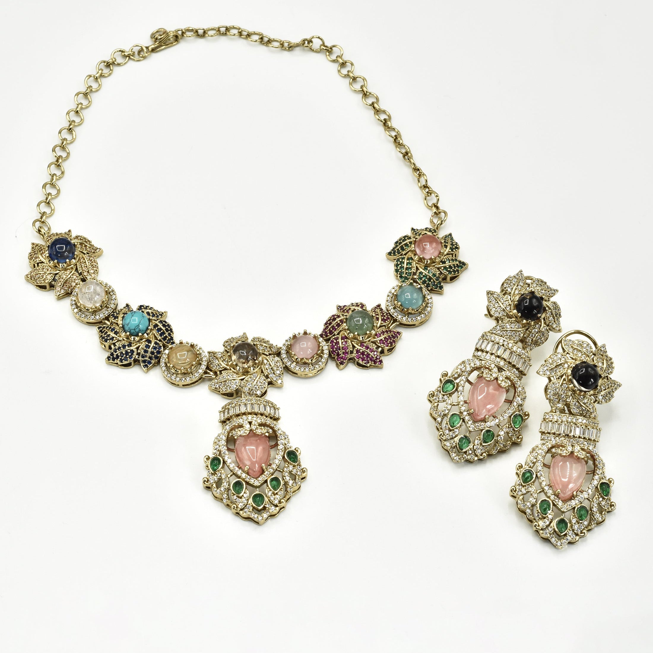Naqsh Navratan Garden Statement Necklace Set Pink - The Pashm