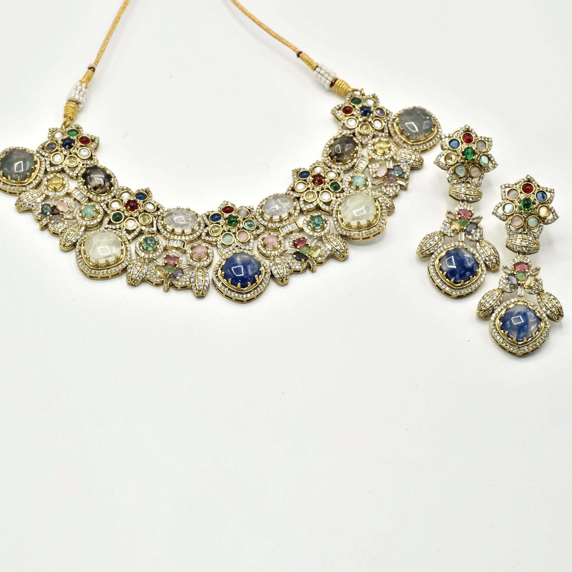 Jiya Jeweled Mosaic Blue Multicolor Necklace Set with Earrings - The Pashm