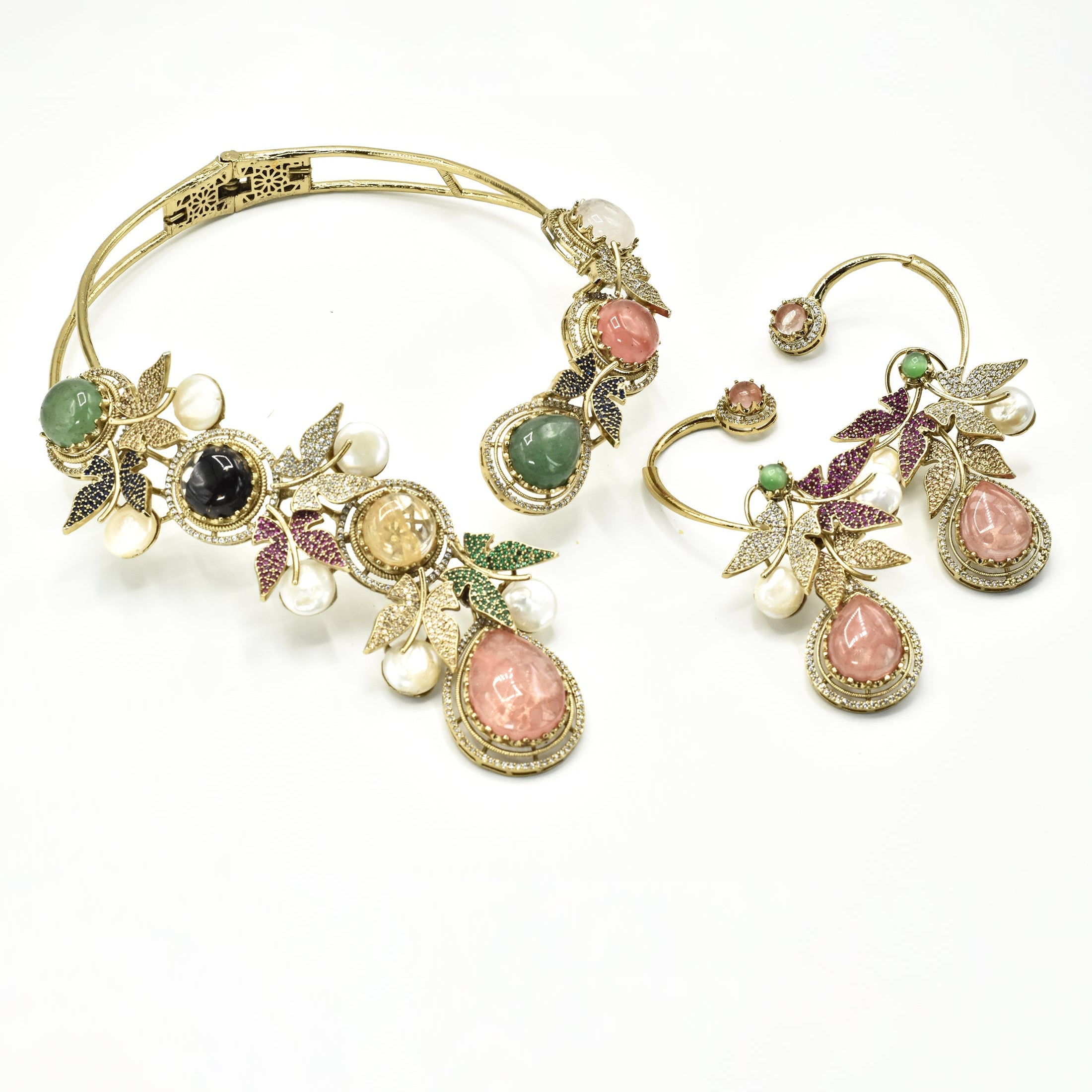 Kshirja Enchanted Vine Multicolor Hasli Necklace Set Pink with Earrings - The Pashm