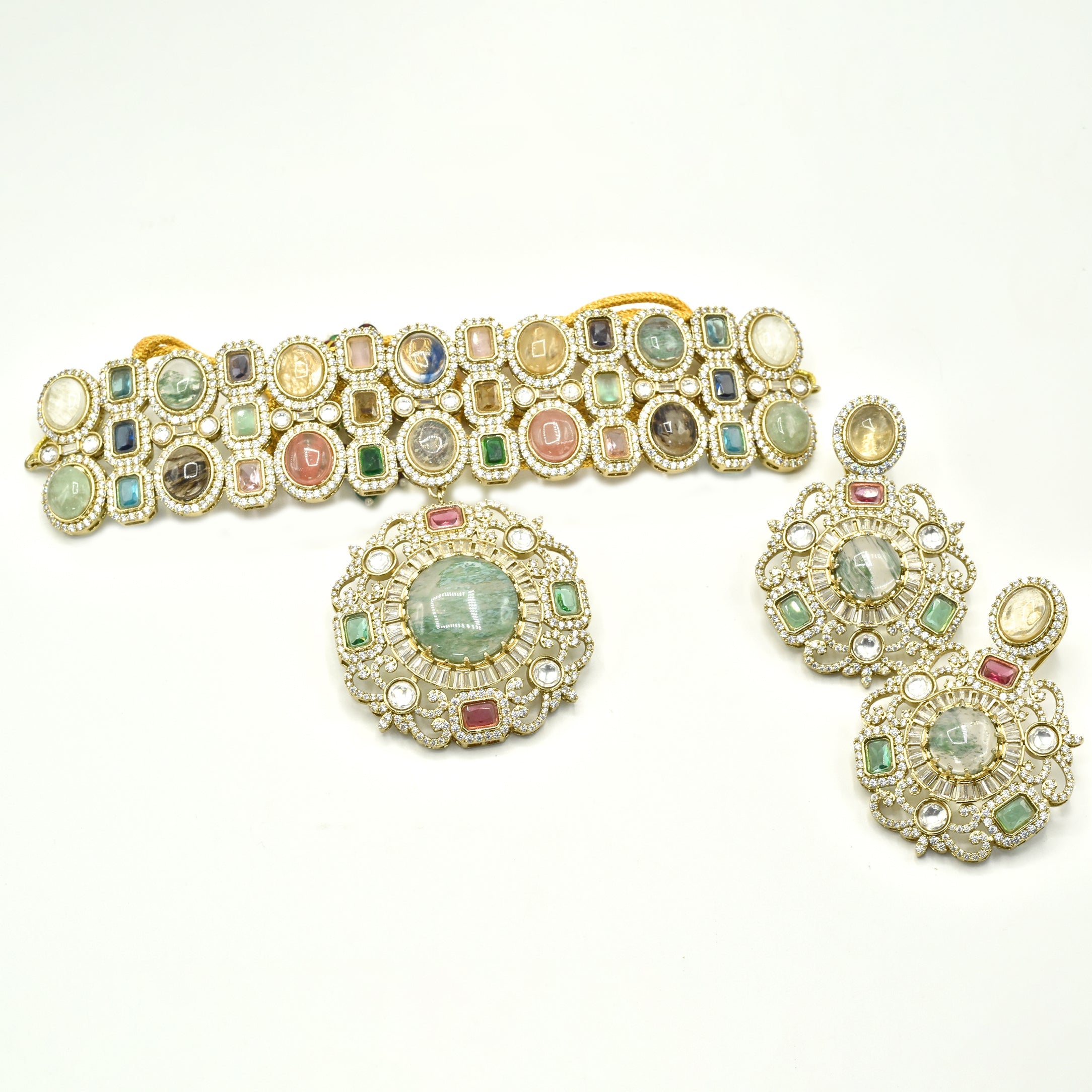 Tarisha Multicolor Cabochon Choker & Pendant Necklace Set with earrings - The pashm