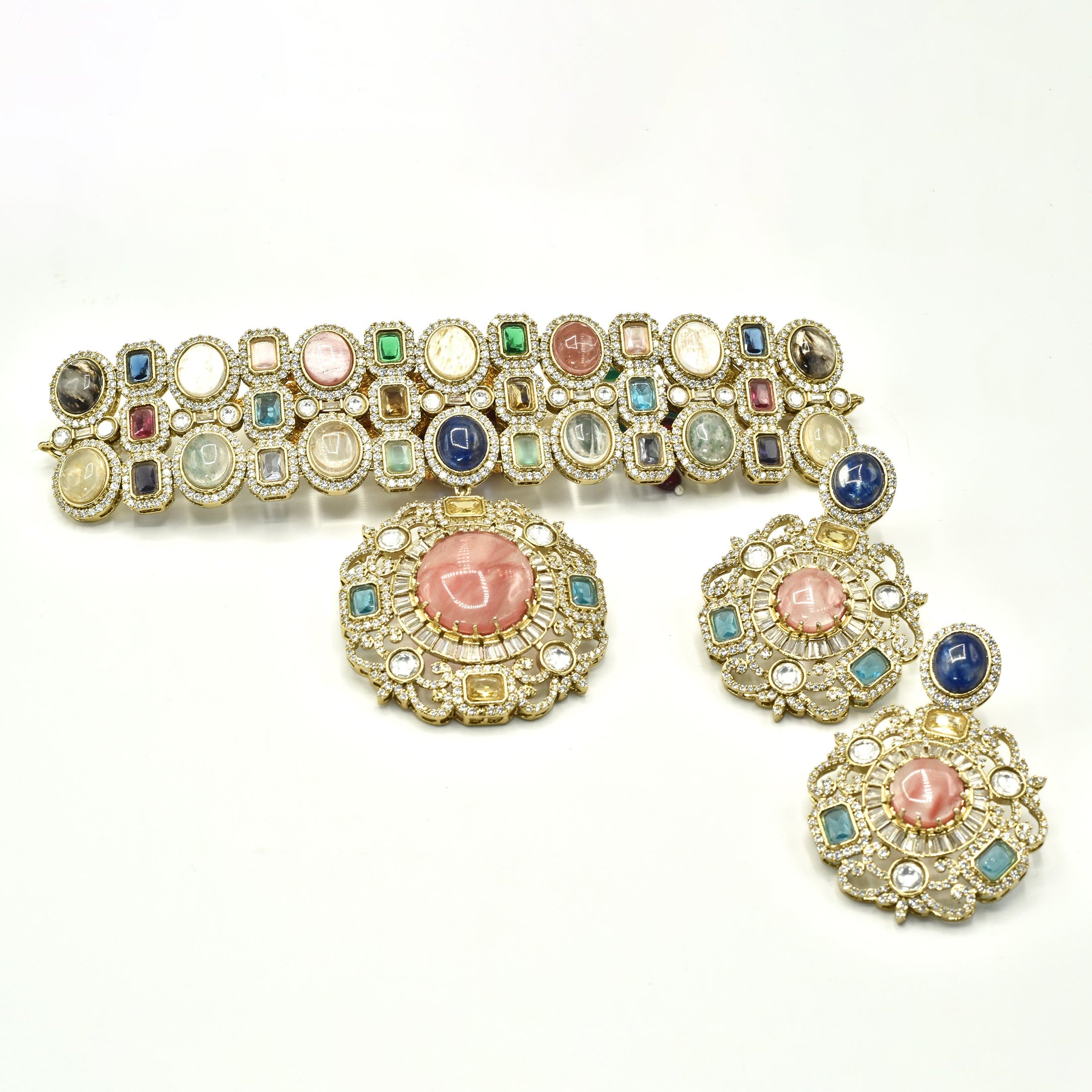 Tarisha Multicolor Cabochon Choker & Pendant Necklace Set pink - The Pashm