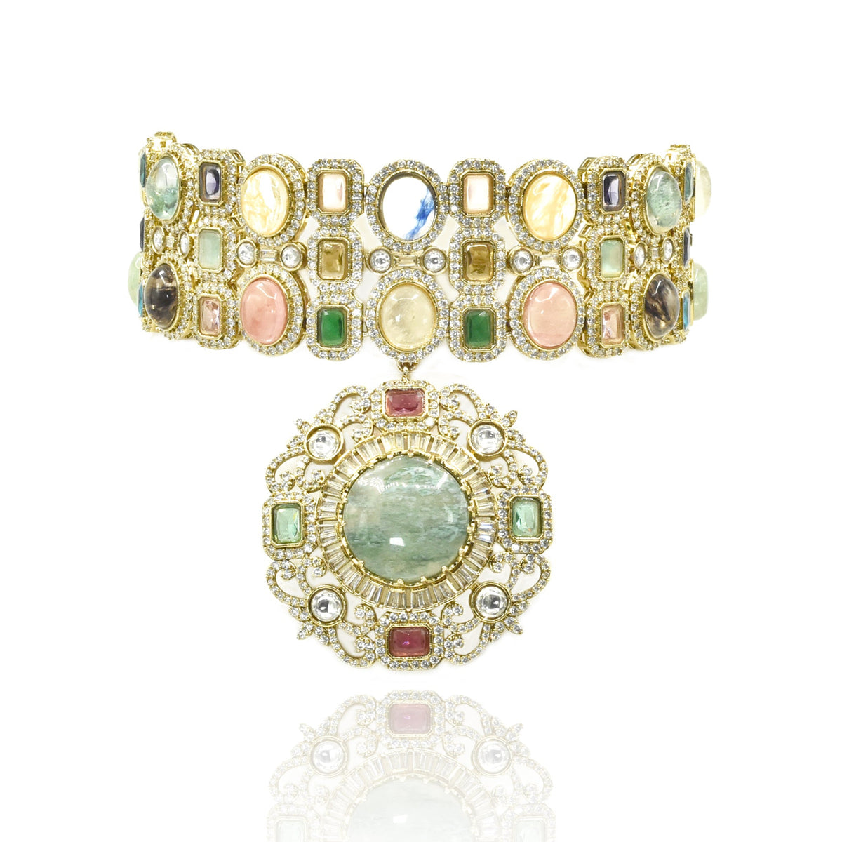 Tarisha Multicolor Cabochon Choker & Pendant Necklace Set - The pashm