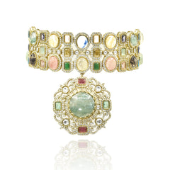 Tarisha Multicolor Cabochon Choker & Pendant Necklace Set - The pashm