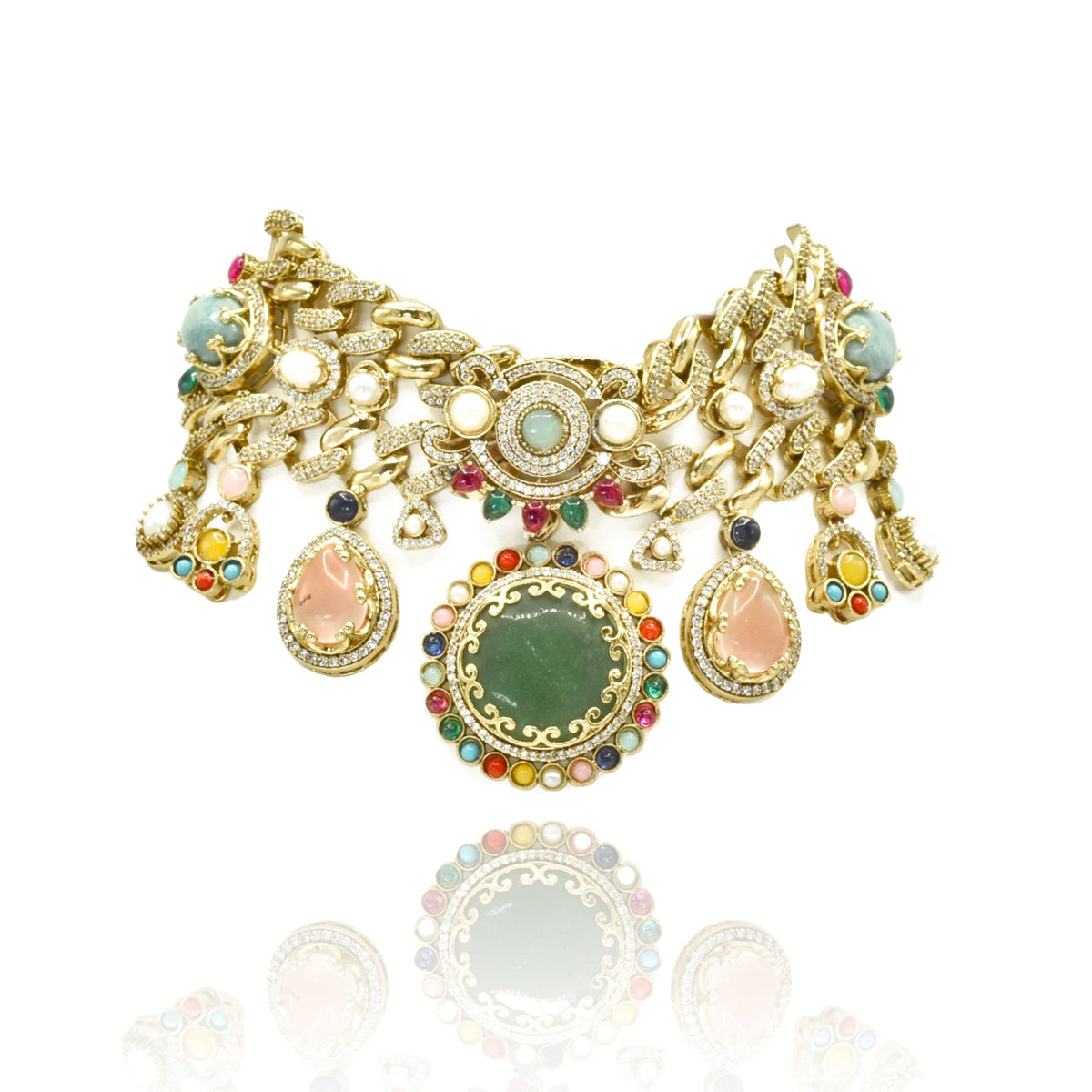 Sahar Navratan Charm & Green Medallion Choker - the pashm