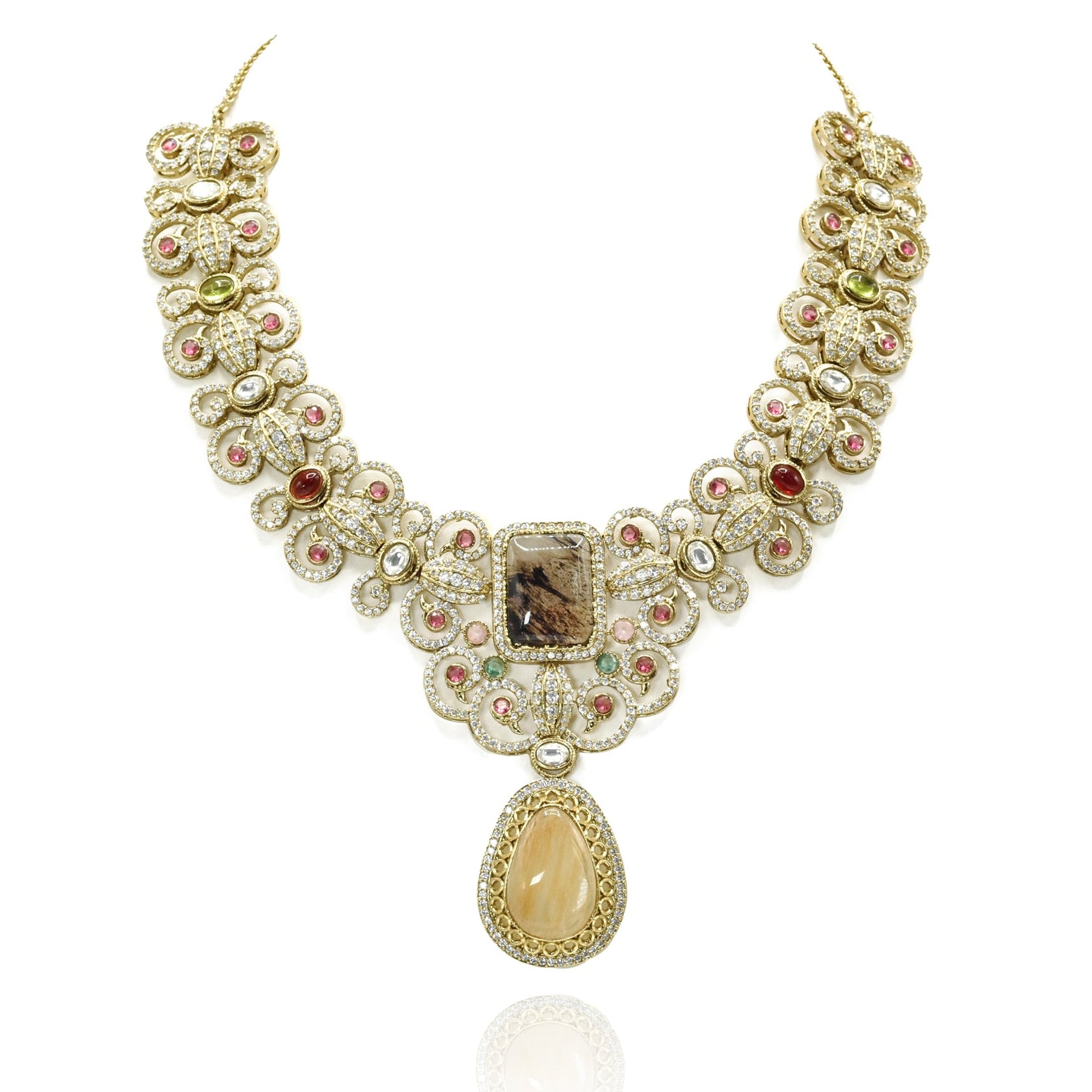 Shazmeen Smoky Topaz & Champagne Floral Necklace Set - The Pashm