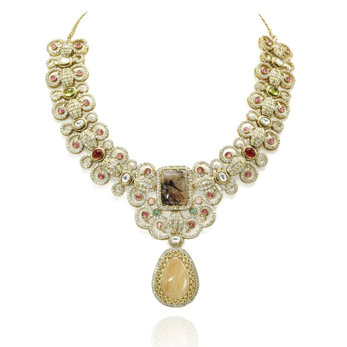 Shazmeen Smoky Topaz & Champagne Floral Necklace Set - The Pashm