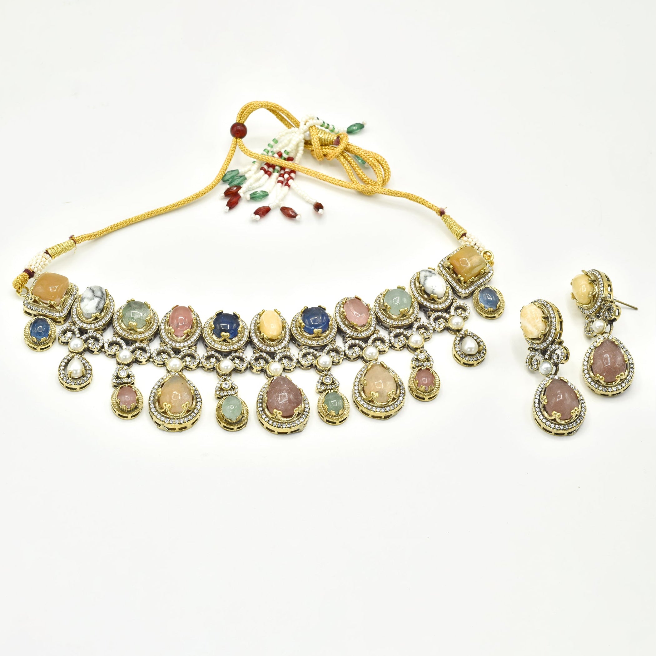 Rabani Pastel Multicolor Cabochon Choker with Earrings - The pashm
