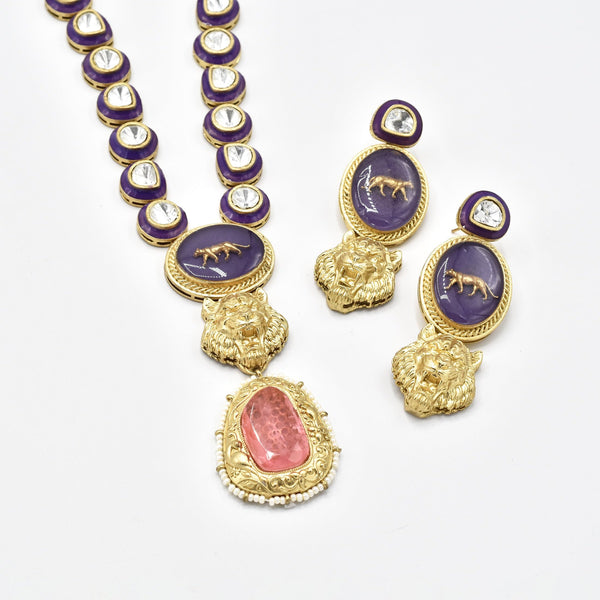 Jiya Enameled Lion Necklace Set Purple - The Pashm