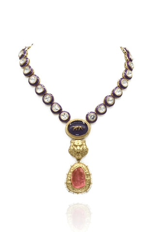 Jiya Enameled Lion Necklace Set Purple - The Pashm