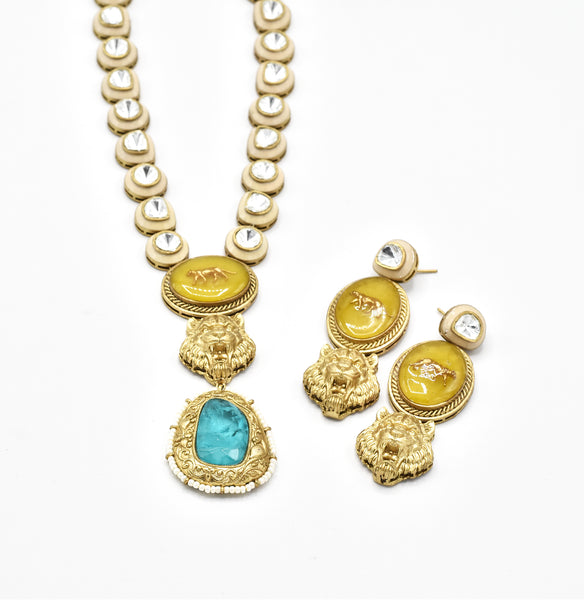 Jiya Enameled Lion Necklace Set Yellow - The Pashm