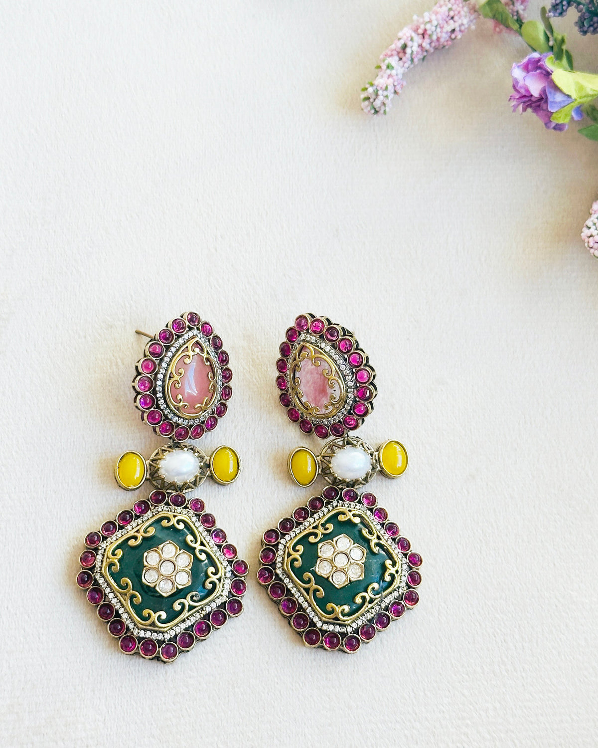 Tavisha Motif Gemstones Statement Earrings - The Pashm
