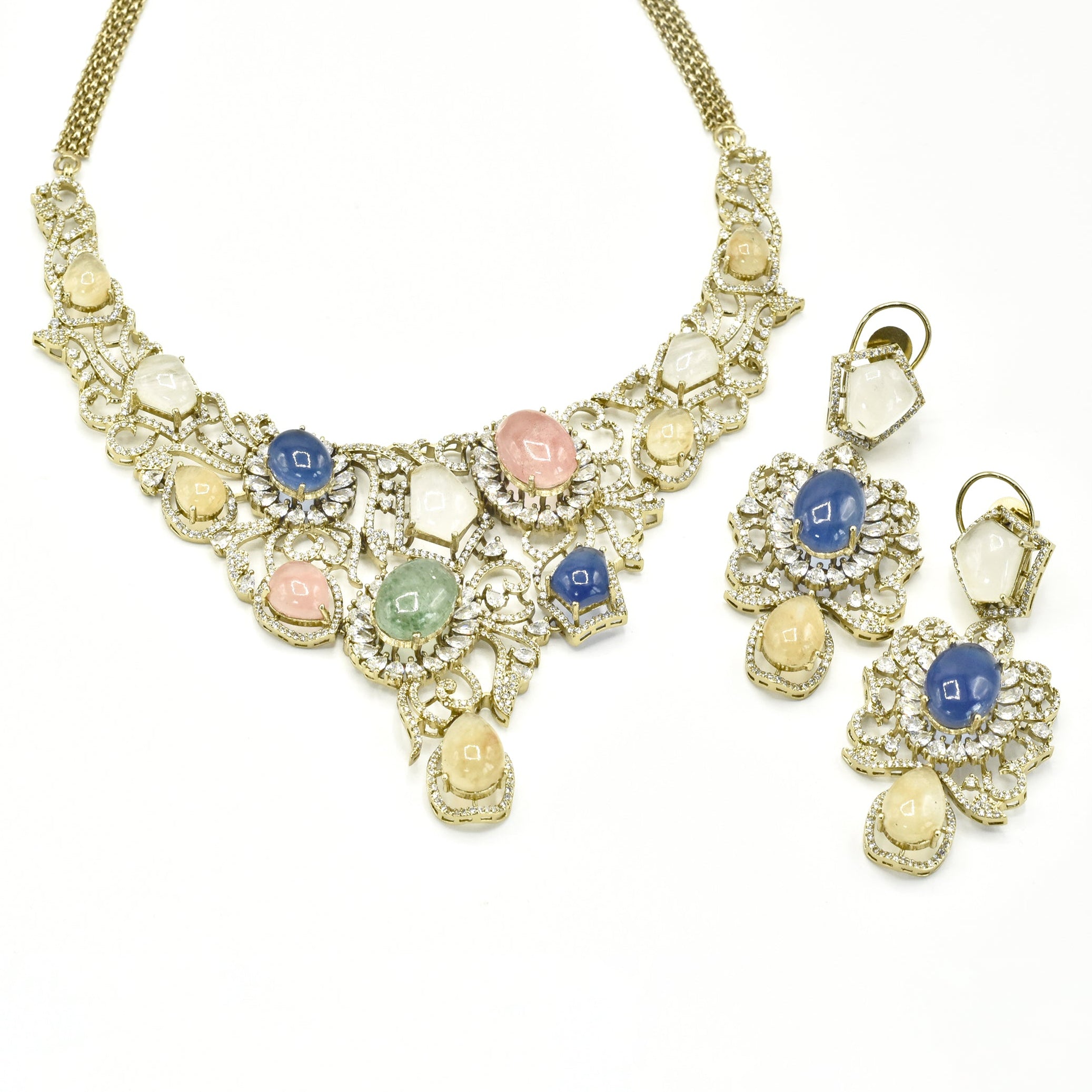 Saira Pastel Mosaic Multicolor Bib Necklace Set with Earrings - The Pashm